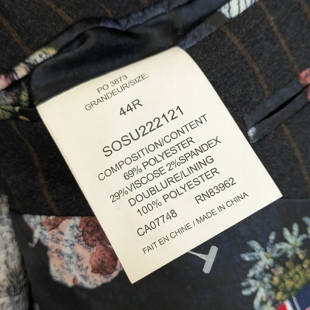 Soul of London Pinstripe Blazer Mens 44R Charcoal Grey Floral‎ Lining Two Button